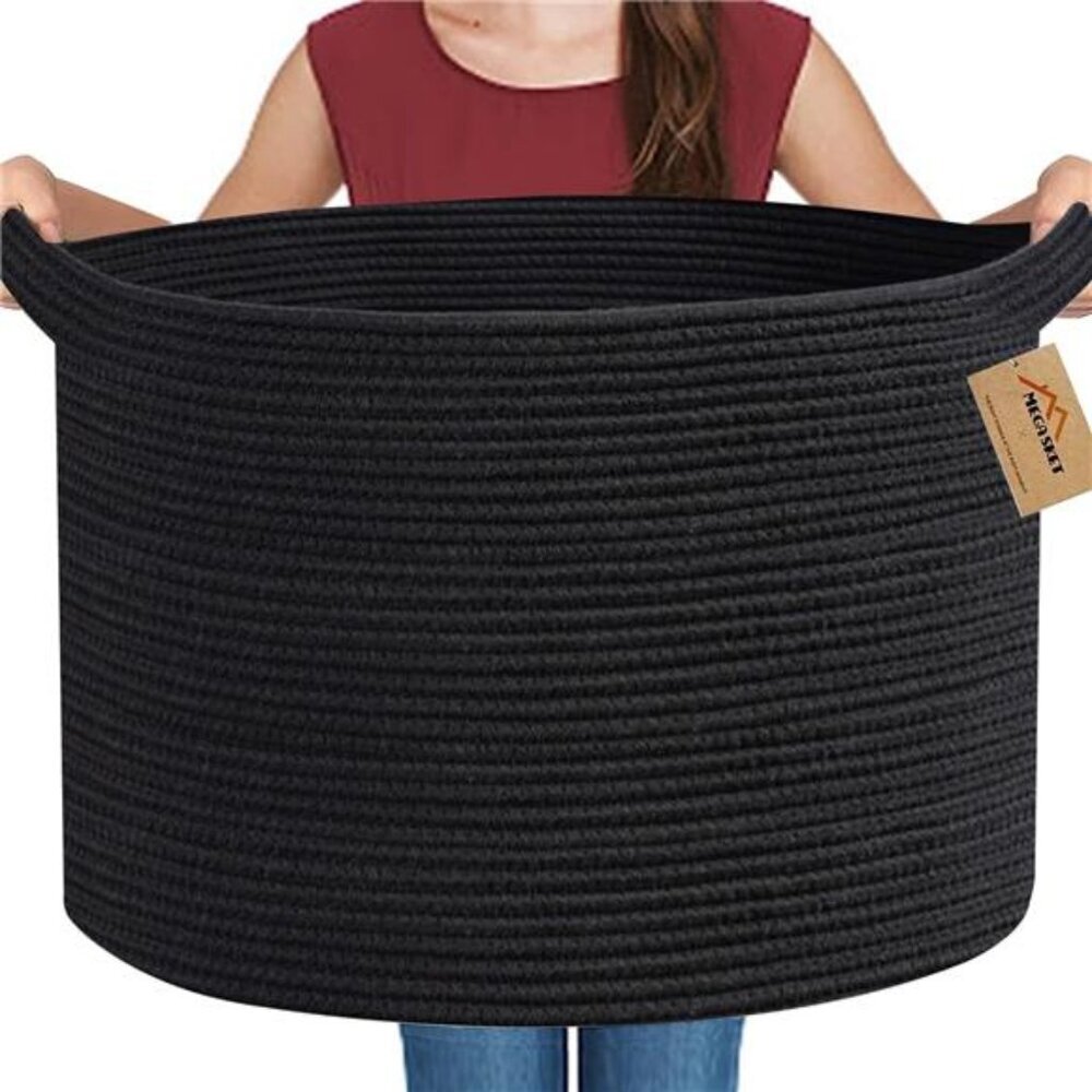 Large Black Blanket Basket, 22" X 22" X 14" Woven Rope Baskets for Storage